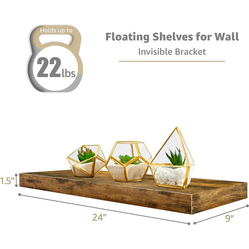  Floating Shelves with Invisible Mounting Set of 3, 9.25" H x 23.75" W x 2" D