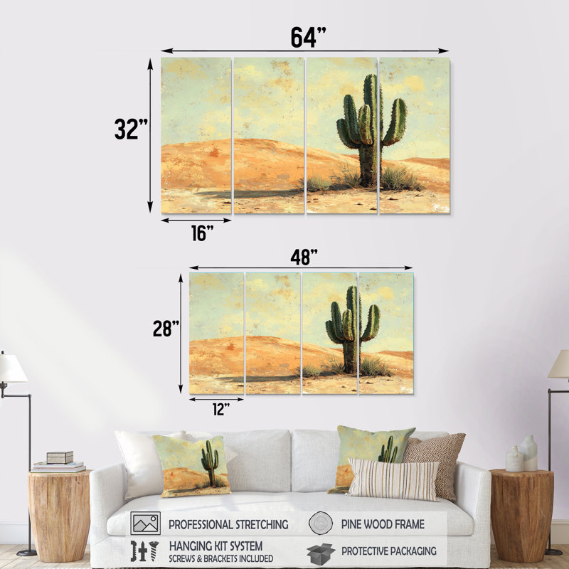 Minimalisme cactus par les dunes I - Art mural floral cactus - Art mural traditionnel sur toile, H 32 po x l 64 po, 4