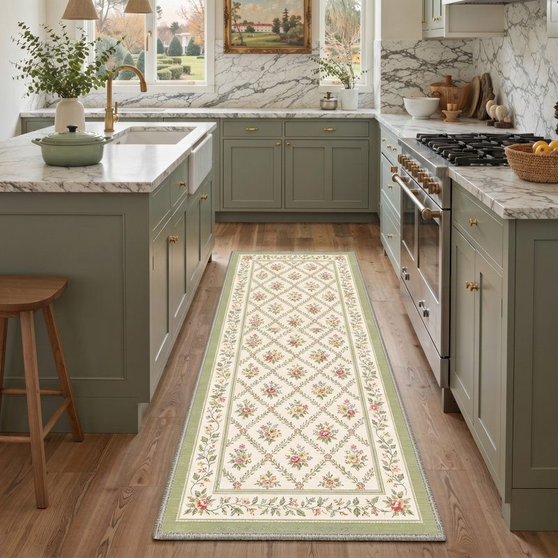 Tapis de couloir géométrique ivoire / vert lavable à la machine avec envers antidérapant, Tapis de couloir 2 pi 5 po x 8 pi
