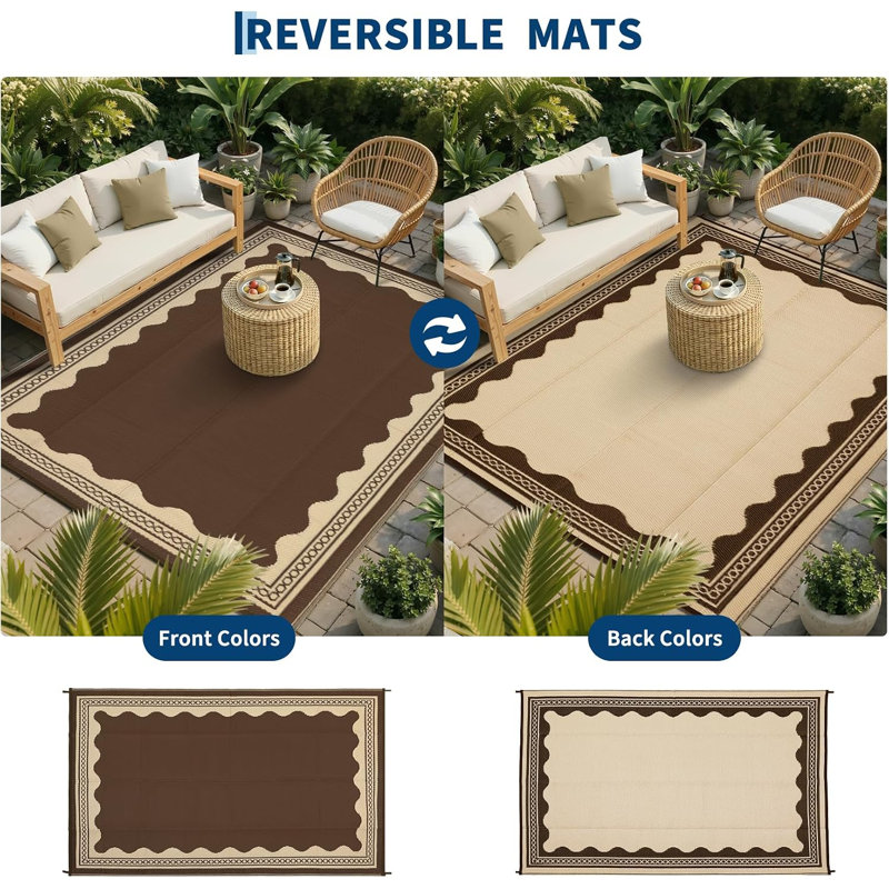Tapis extérieur festonné et imperméable pour terrasse de camping, 10 x 14 pi (brun pivoine / café)