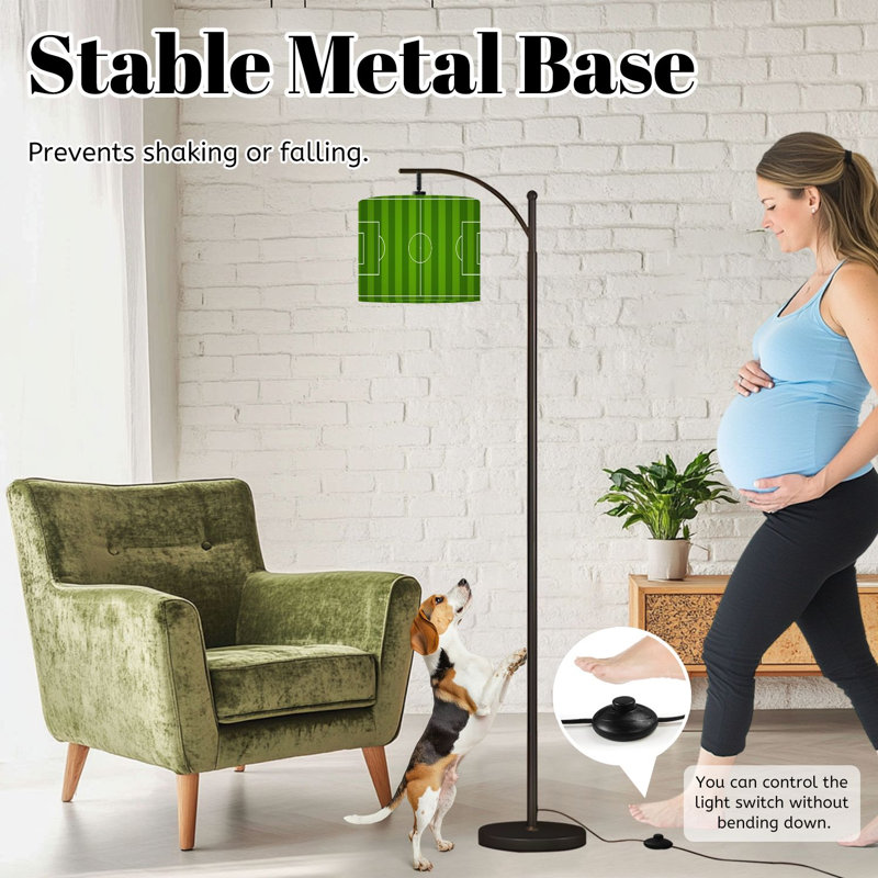 Arc Floor Lamp with Adjustable Lampshade Soccer Field Aerial View Green Grass White Lines Standing Lamp 3 Color Temperatures Dimmable Tall Pole Lamp with Foot Switch for Bedroom