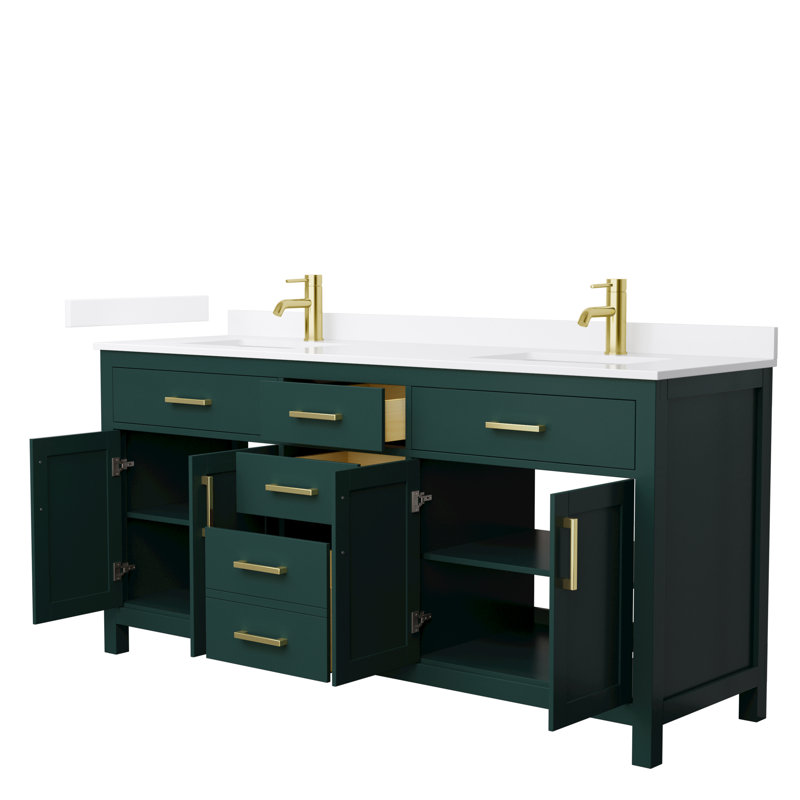 Beckett 72" Freestanding Double Bathroom Vanity with Quartz Top, Brushed Gold, Green, White Quartz
