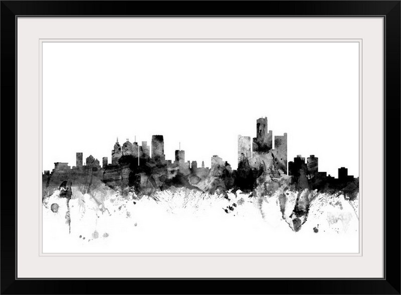 «Detroit Michigan Skyline» par Francy, impression, Cadre noir, H 20 po x l 26 po x P 1 po