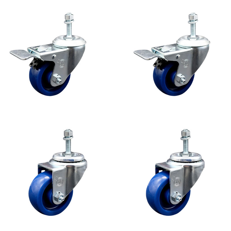 Ensemble de 3 roulettes à tige pivotantes en polyuréthane de 3,5 pouces de 3/8 po