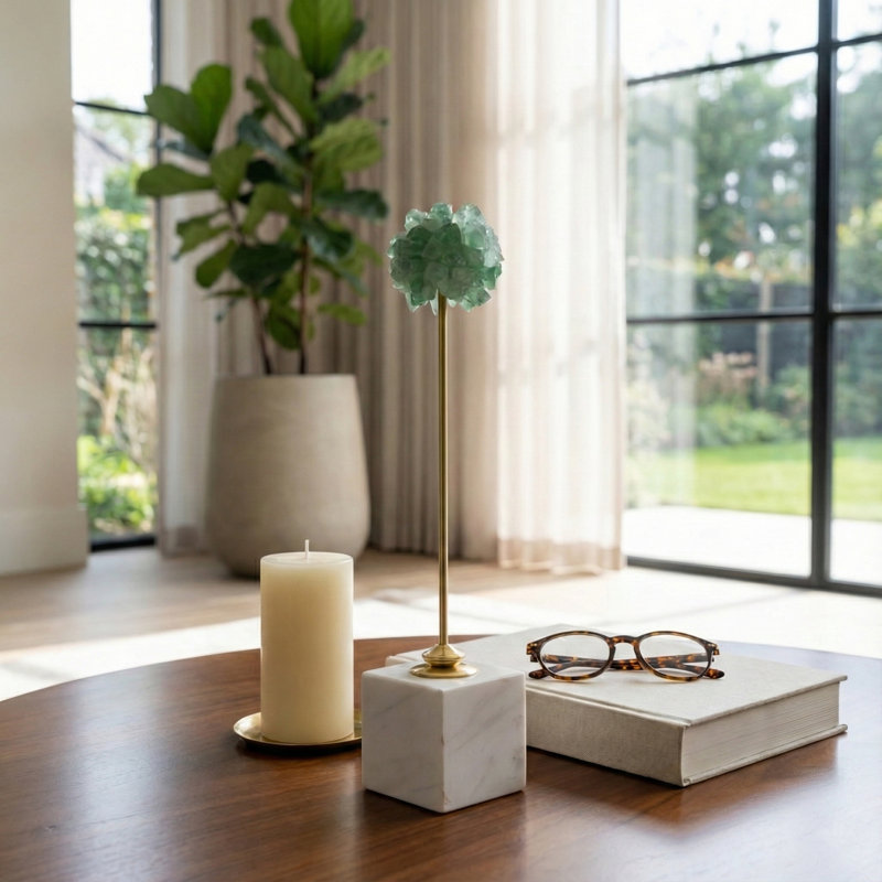Elegant Metal Orb Statue with Stone Base for Home Decor - Modern Sculpture Object Accent for Office Styling or Living Room Decoration - Green & Gold