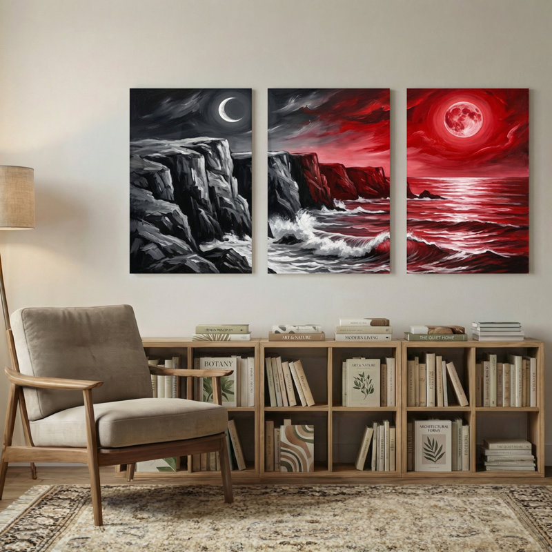 Paysage et nature, falaises au clair de lune, vagues de l'océan rouge, ciel nocturne, H 24 po x l 48 po
