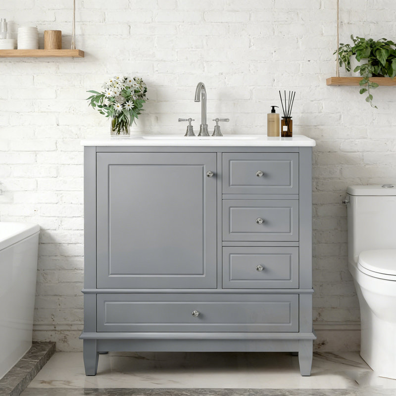 Meuble-lavabo de salle de bain avec lavabo, 3 tiroirs et tablettes de porte, Gris