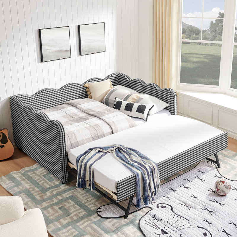 Lit de jour double en vichy double avec couchette simple sans sommier, avec port USB et adorable tissu en forme de vague