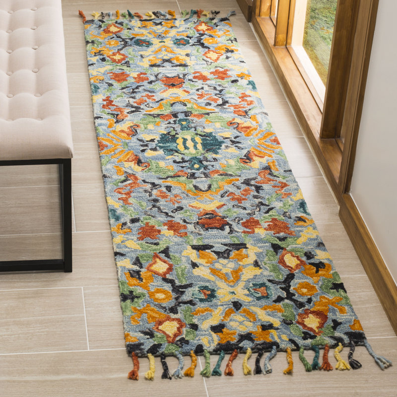 Jahiem Hand-Knotted Wool Blue Area Rug, Runner 2'3" x 14'