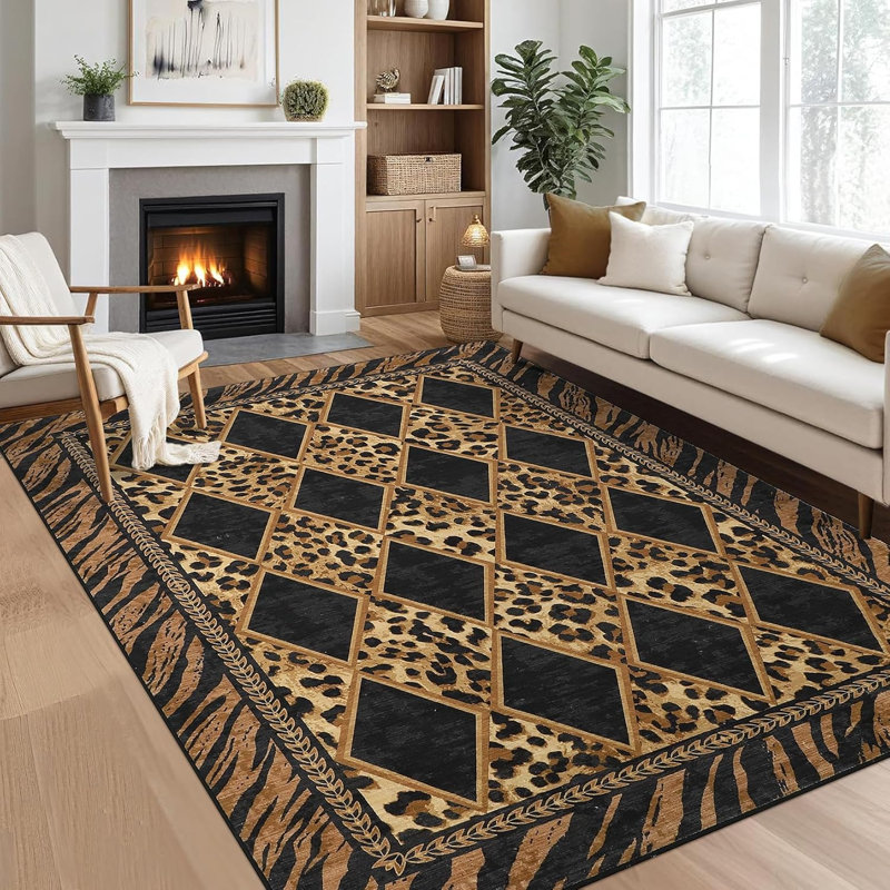 9'x12' Checkered Hallway Runner Rug – Soft Low Pile, Non-Slip, Beige & Black Leopard Print for Kitchen, Bedroom, Entryway