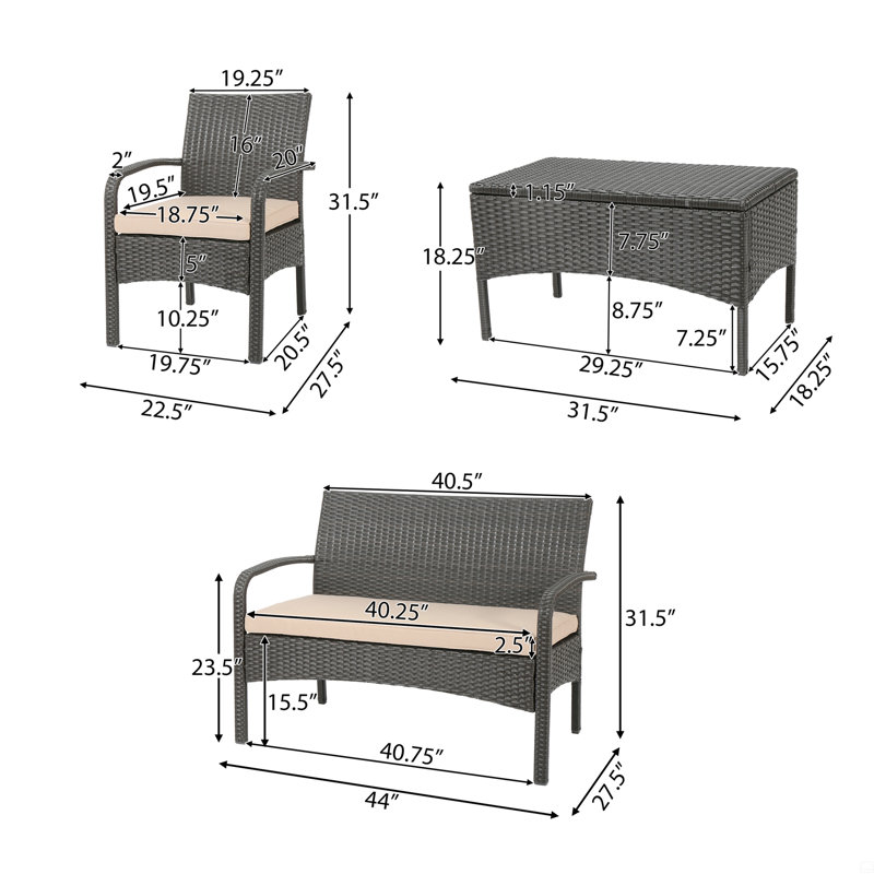 Ensemble de conversation confortable 4 pièces pour relaxer et socialiser, Brun, Tanné