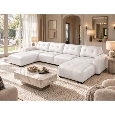 Upholstered Leather 6-piece U Sectional Reversible Chaise Ottomans