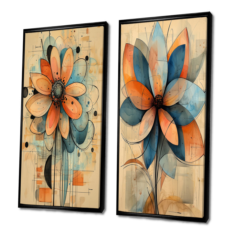 Pastel géométrique Dahlia Twist I - art mural floral, collection 2 panneaux, H 32 po x l 33 po, Cadre flottant noir
