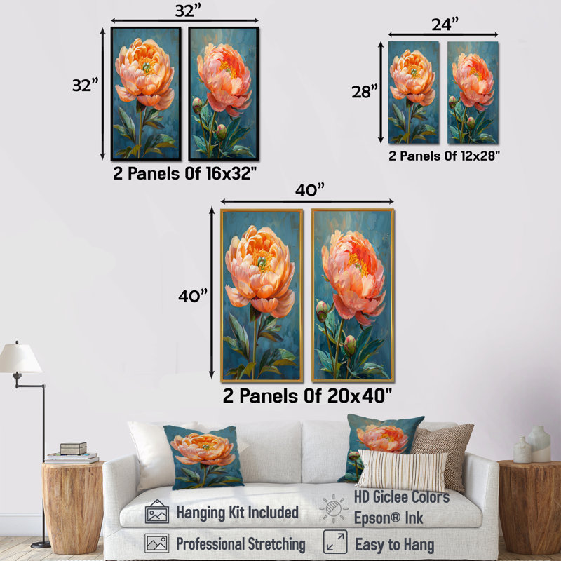 Ylann - Ensemble de 2 pièces d'art mural pivoines, H 28 po x l 24 po, Impression encadrée, Blanc