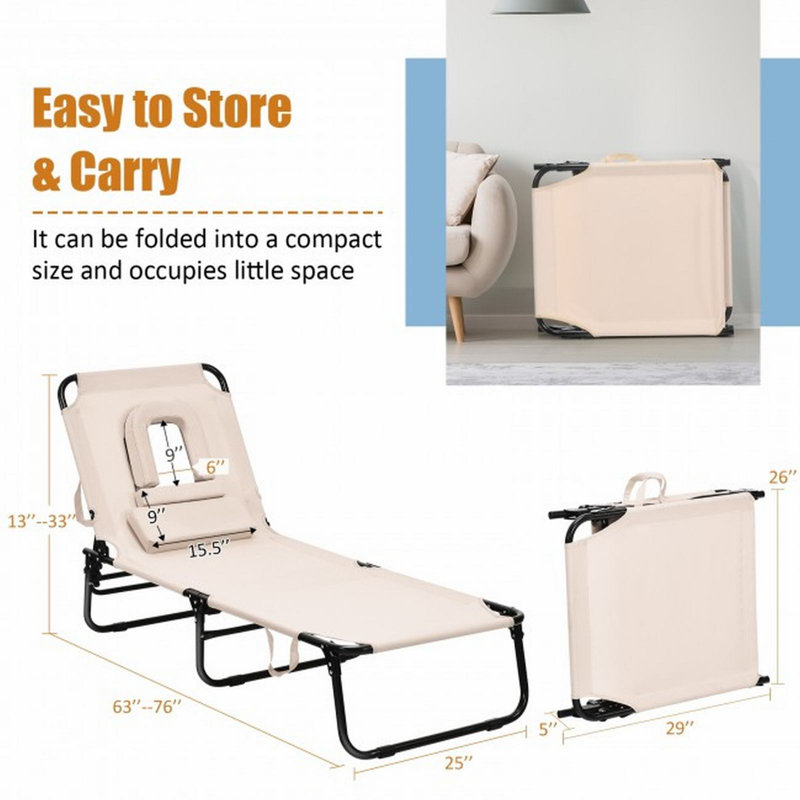 Chaise longue d'extérieur pliante pour chaise longue de plage avec dossier et trou réglables, Beige