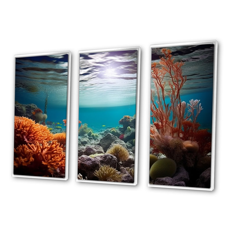 Ensemble de décorations murales corail sous l'eau, H 40 po x l 60 po x P 1 po, Cadre flottant blanc