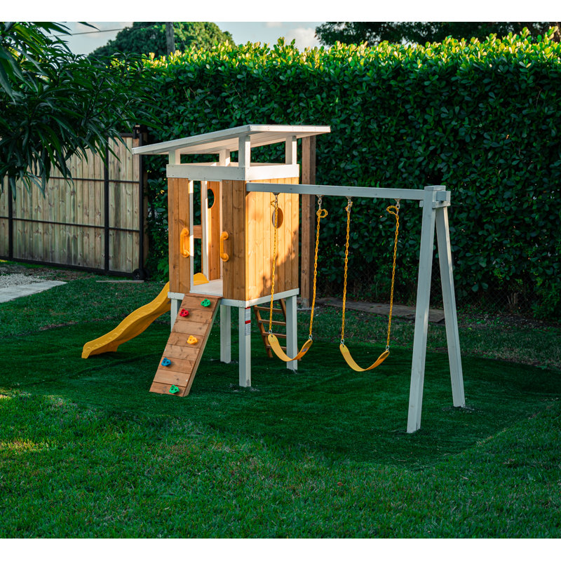 Avenlur Modern Pine Wood Outdoor Swing Set with Slide and Swings