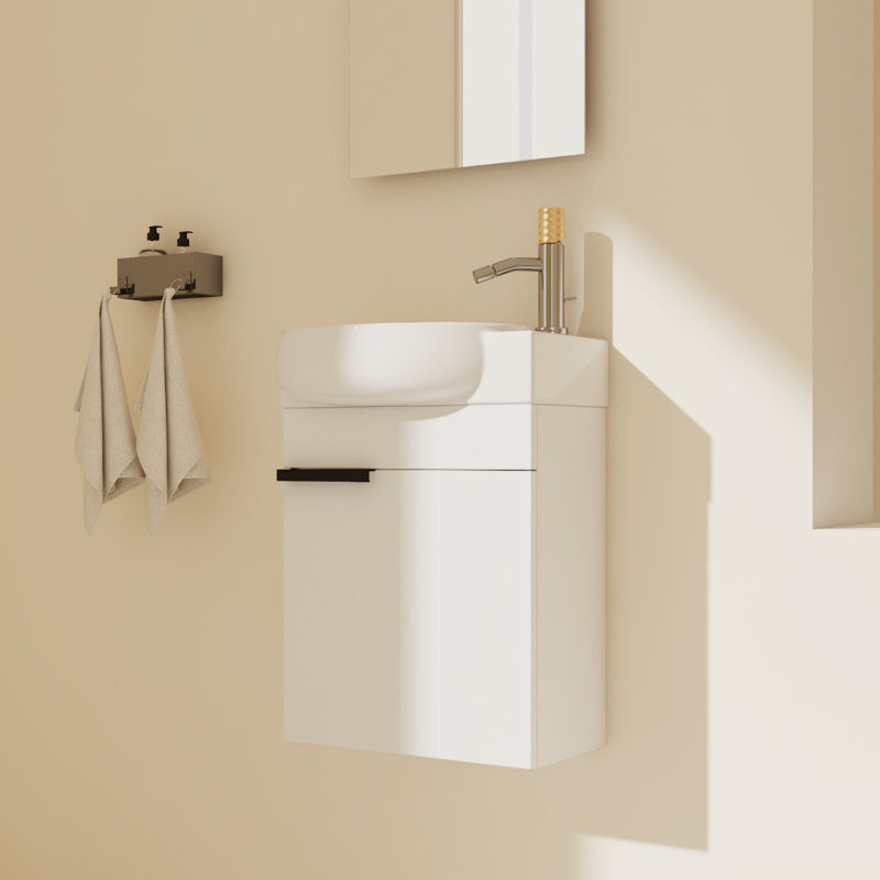 Hermanna 17" Wall Mounted Single Bathroom Vanity With Ceramic Top, Glossy White