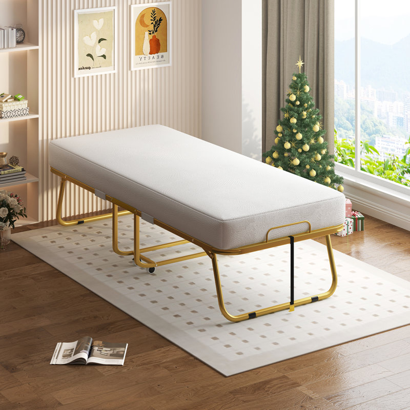 Mercer41 Folding Bed With Mattress - 75x38 Size Bed Frame - Portable Foldable Roll Away Adult Bed For Guest - 4-inch Thick Memory Foam Mattress - Space Saving Fold Up Bed For Easy Storage