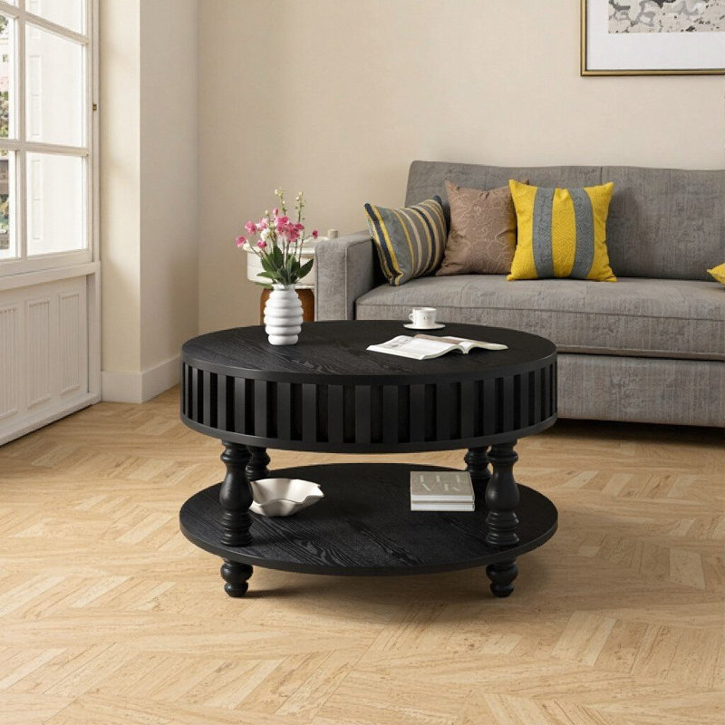 Table basse ronde moderne avec rangement rabattable et tablette ouverte, design Mid-Century noir pour les salons campagnards ou industriels