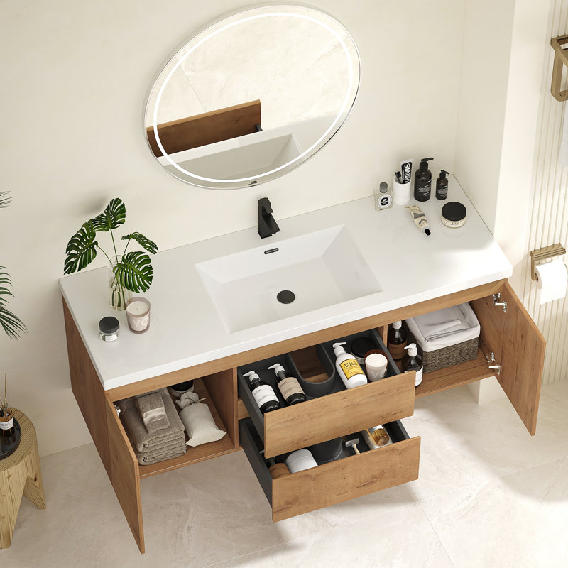 Meuble-lavabo simple 59,1 po avec comptoir et deux tiroirs, ensemble de meuble-lavabo mural flottant (robinet non inclus), entièrement assemblé