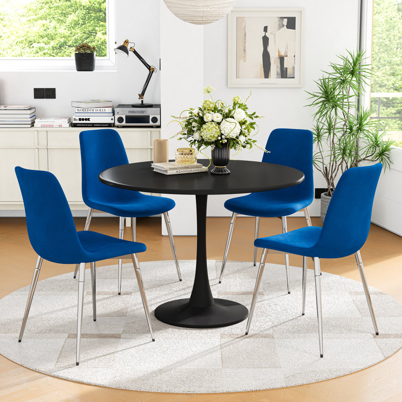 5-Piece Round Metal Pedestal Dining Table With 4 Dining Chairs, Black, Blue/Silver