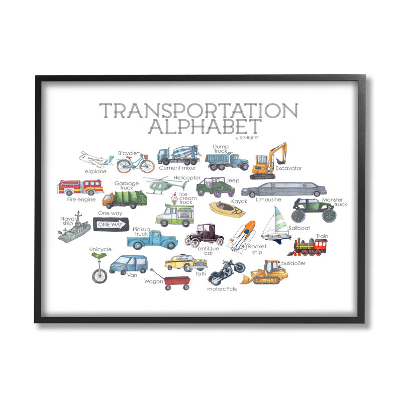 Éducatif, transport, alphabet, enfants, véhicules d'apprentissage, giclée, art texturé par vaisselle