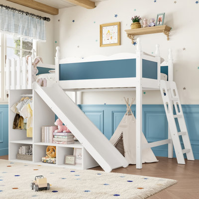 Lit mezzanine double avec tablettes de rangement et garde-robe, lits mezzanine en bois massif avec glissières amovibles et échelles, aucune boîte à ressorts nécessaire, bleu et blanc