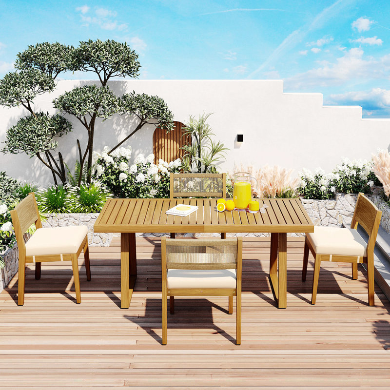 Orquidea 4 - Person Acacia Patio Dining Set with Rectangular Table , Cushions Included, Beige