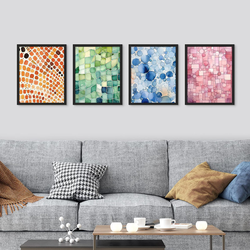 Aquarelle géométrique colorée à pois 4 pièces, Cadre noir, H 14 po x l 11 po x P 1 po