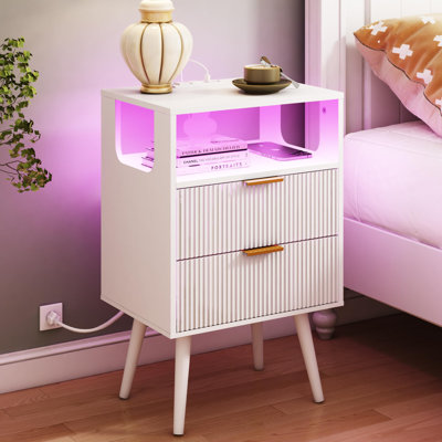 Nightstand With Charging Station And LED Lights,Modern Bedside Table With 2 Storage Drawer And Open Wood Shelf,Night Stand With Solid Wood Legs,(Whit