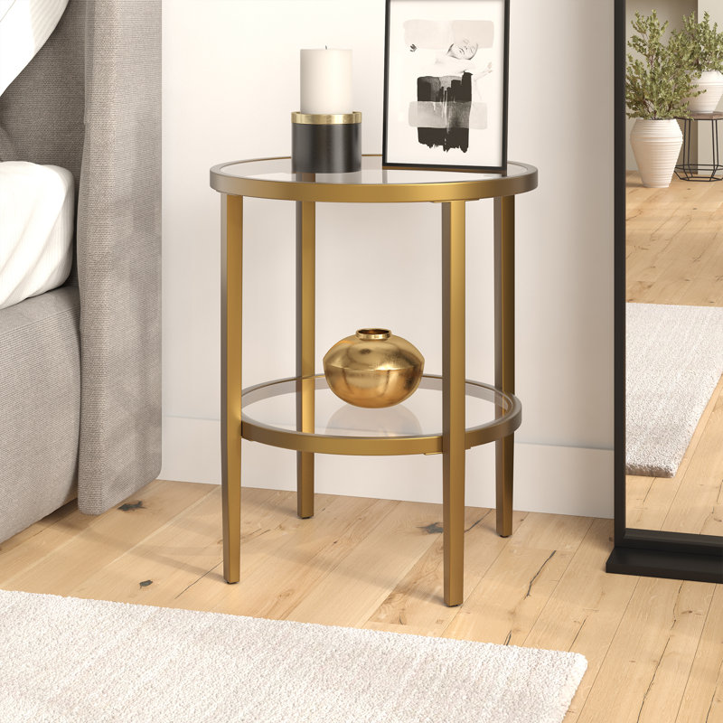 Hera Glass Top End Table, Antique Brass