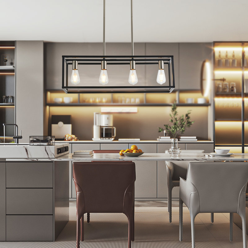 Luminaire suspendu linéaire pour îlot de cuisine 4 lumières Bigyan, Noir mat / nickel brossé