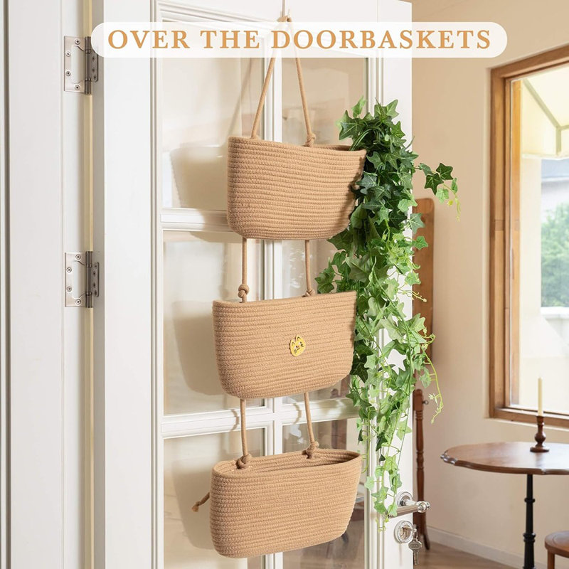 Panier de rangement suspendu au-dessus de la porte, panier de rangement mural en coton tissé à 3 niveaux