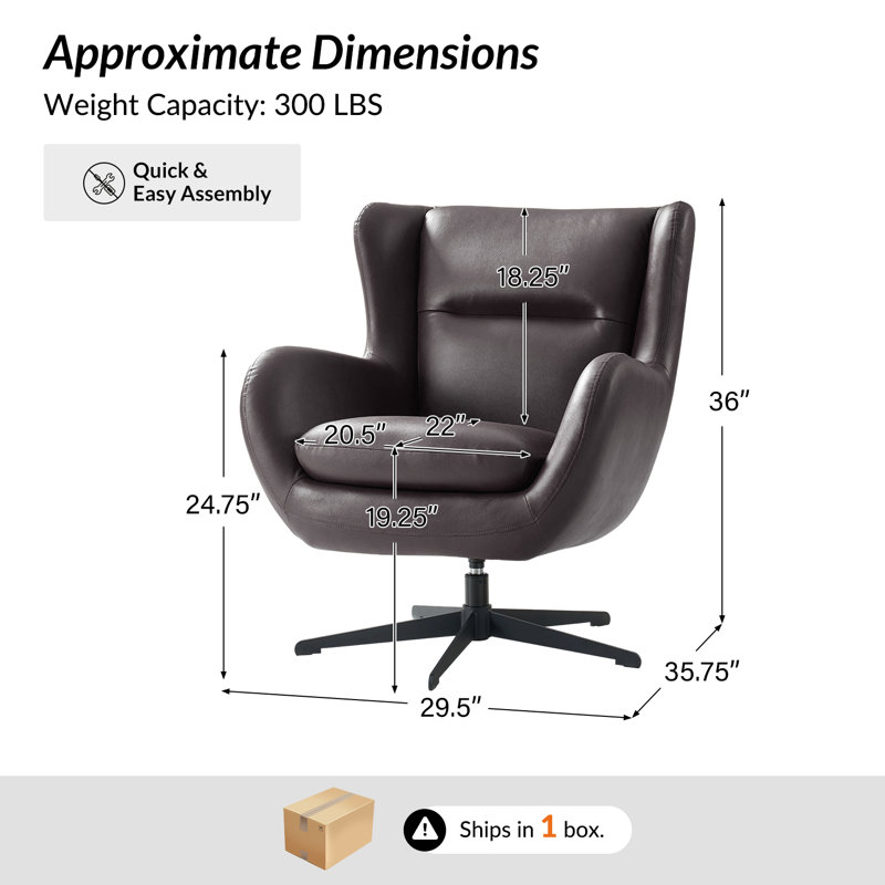 Arcana 29.5"W Modern Faux Leather Swivel Arm Chair with Wing Back, Brown