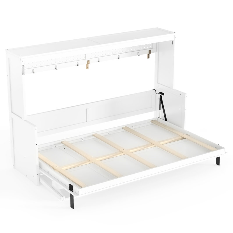 Lit double de couleur blanche avec bureau, rangement, charge et lumières à DEL pour les espaces domestiques compacts - taille avec petit éclairage intégré