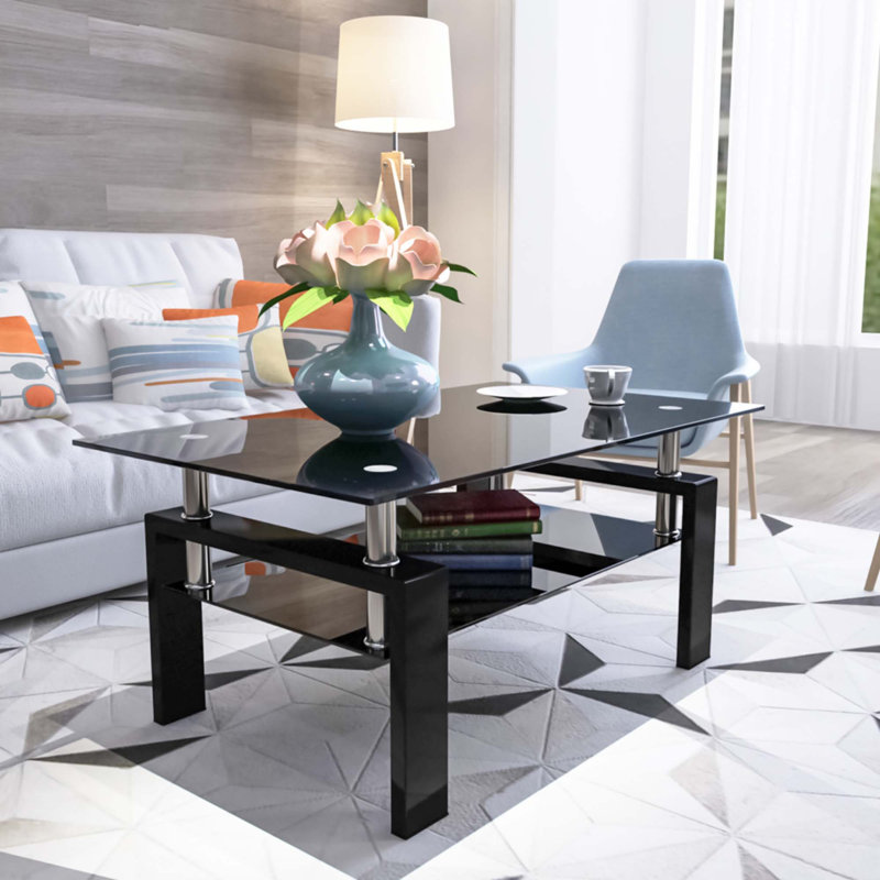 Table basse rectangulaire en verre noir, Noir, H 17,7 po x L 38,6 po x l 22,6 po, Noir