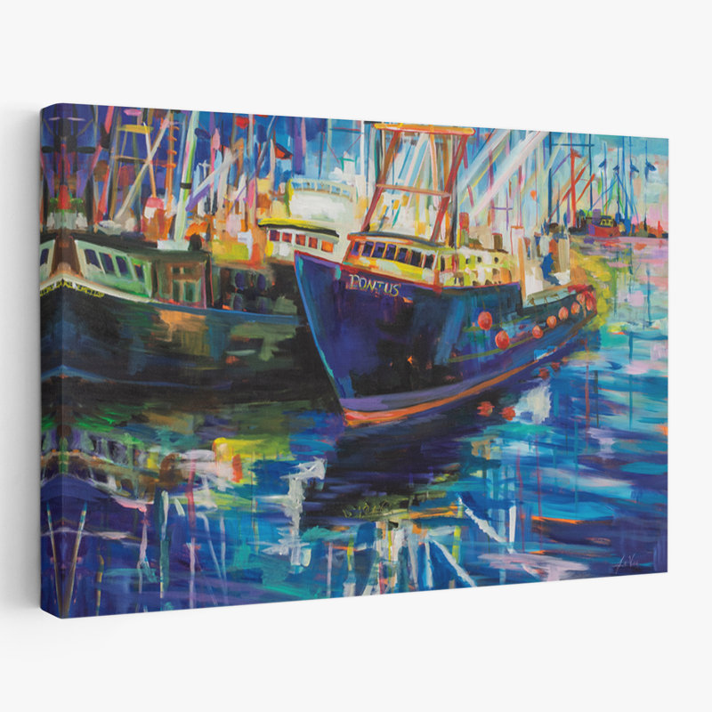 Art bleu et bateaux pour la nuit, H 16 po x l 24 po
