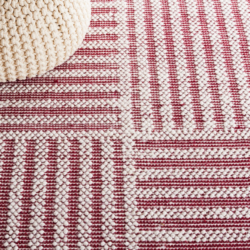 Isatou Hand Woven Wool/Cotton Striped Rug in Red/Ivory, Rectangle 8' x 10'