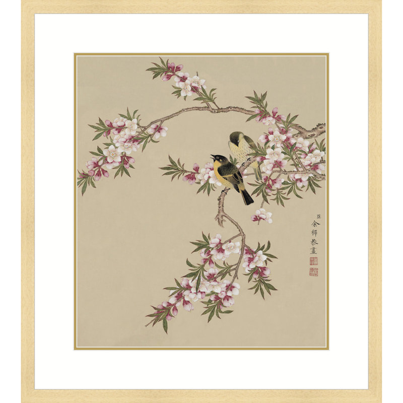 Peach Blossoms and Yellow Sparrows by Yu Zhi - Single Picture Frame Print, Natural, 21.5" H x 17.5" W x 1.3" D