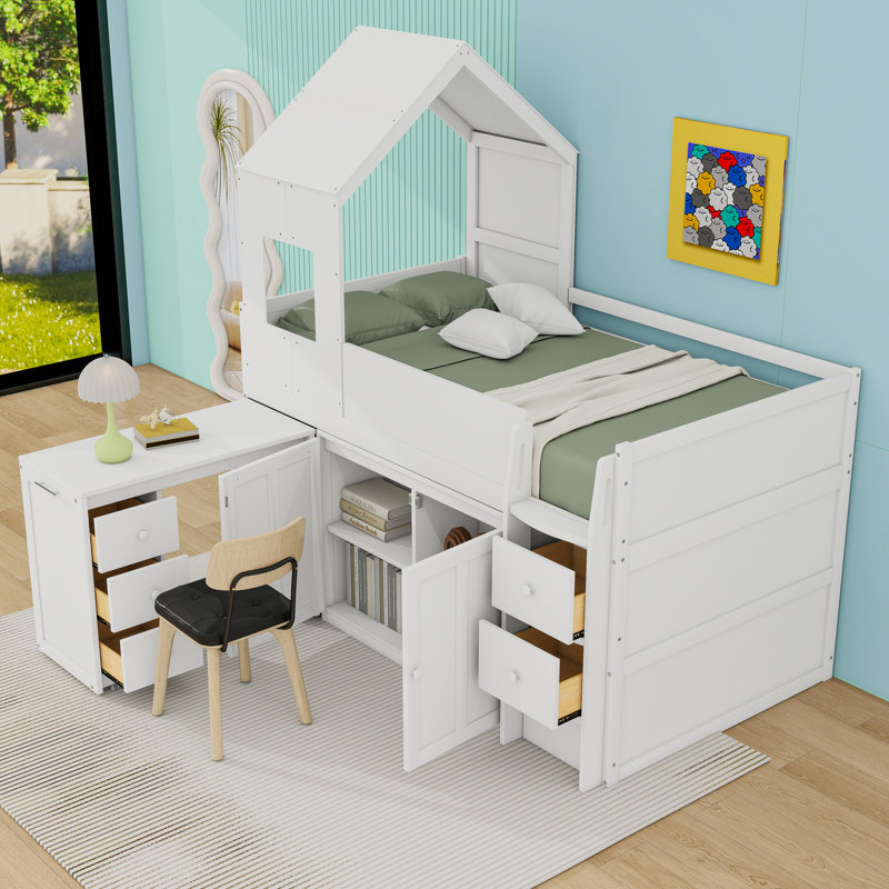 Twin Size Wooden Loft Bed with Desk and Drawers,Shelves, White
