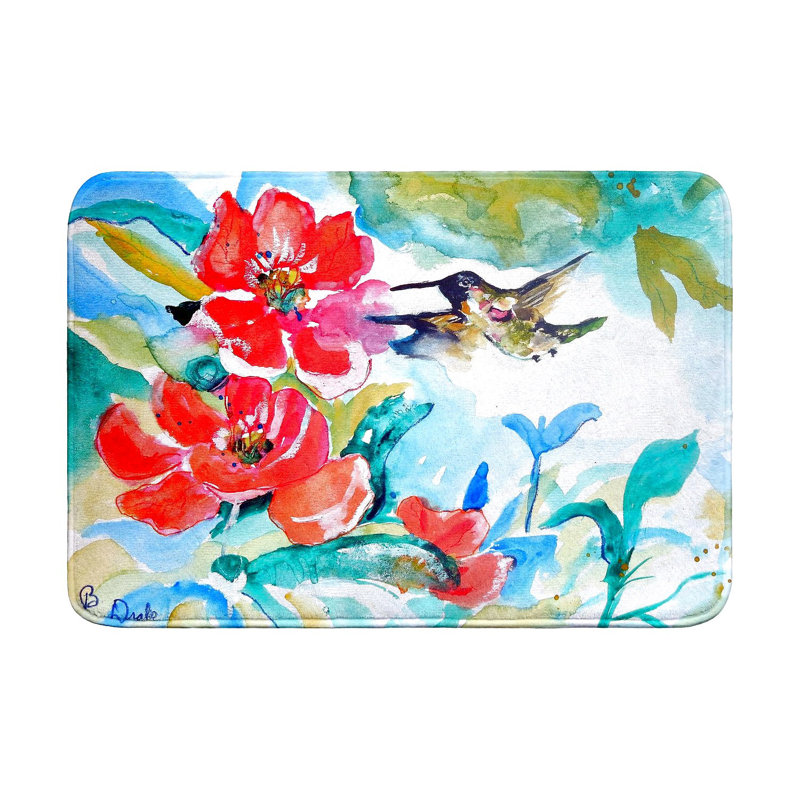 Tapis de bain colibri et fleur rouge