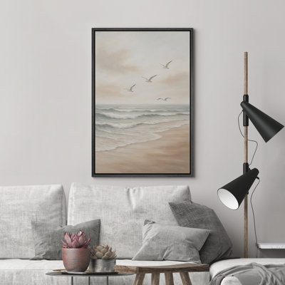 Soaring Seagulls by the Sea Coastal Beach Decor - Framed Canvas Wall Art Print
