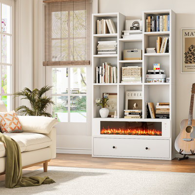 65" Fireplace Bookcase With Drawers, 4-tier Open Bookshelf With 11 Storage Cubes,  modern Storage Accent Bookshelf For Home, Office, Living Room,white