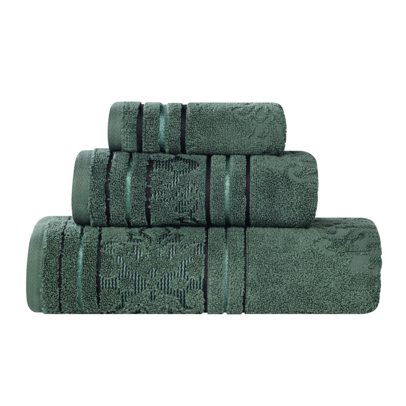 Sadie Zero Twist Cotton Solid and Jacquard Absorbent Assorted Towel Set, Towel Set – 3 Pieces, Floral, Forest Green