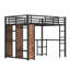 Grand lit mezzanine en métal avec garde-robe intégrée, bureau et tablettes de rangement, structure de lit mezzanine à grain de bois peu encombrant
