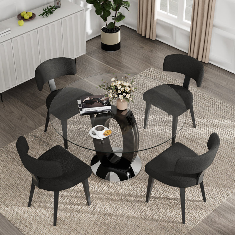 Ensemble de salle à manger à piédestal, table de salle à manger ronde 47 po et chaises Teddy, 5, Argenté / Noir