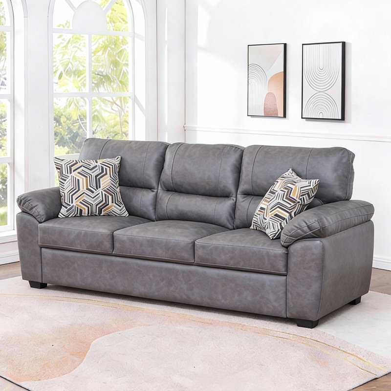  80.5" Leathaire 3-Seater Sofa with 2 Accent Pillows For Modern Living Room, Gray