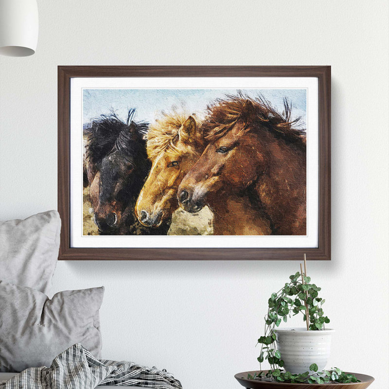 A Trio Of Horses - Single Picture Frame Painting, Walnut Framed, 24cm H x 33cm W x 2cm D
