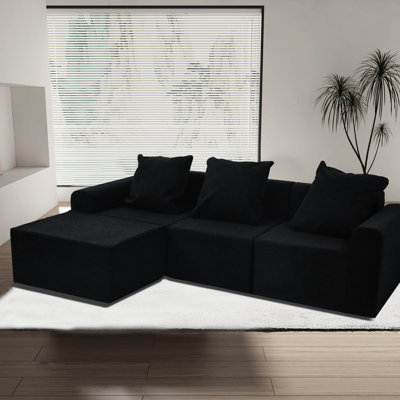 Canapé modulaire convertible à 3 places en noir antique, conception américaine, matériau principal en velours, assise mi-ferme, compression avec nouveau coffre-fort, velours côtelé brossé lavable à la machine, teinture